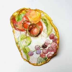 Handcrafted Oyster Shell Ring Dish W/ Fruit Decoupage Design